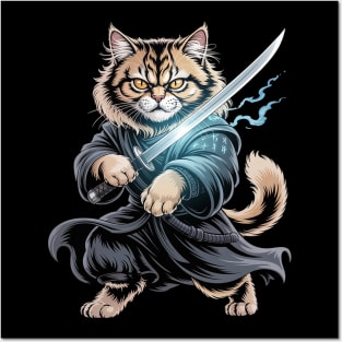 Samurai Cat Japanese Kawaii Ninja British Longhair Cat Posters and Art